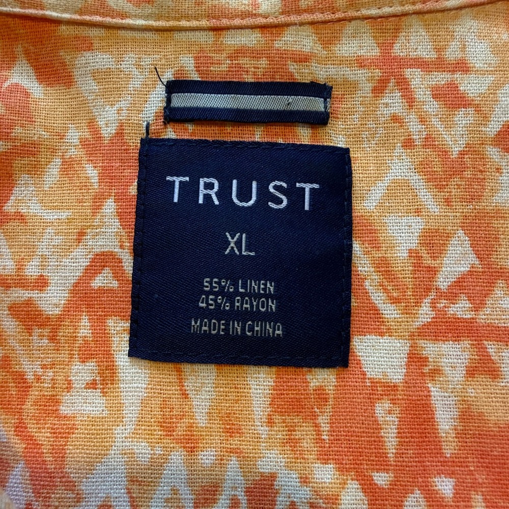 TRUST Mens XL Linen Blend Short Sleeve Button Down Shirt Orange Tribal Geometric - Picture 4 of 7